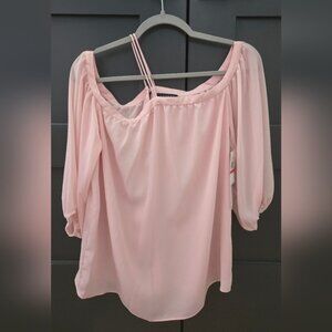 1.STATE Sheer Off Shoulder Right Sleeve Pink Blouse